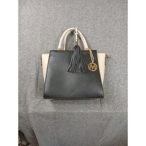 MKF Collection Black Cream Vegan Leather Shoulder Strap‎ Bag with Tassel